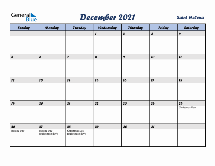 December 2021 Calendar with Holidays in Saint Helena