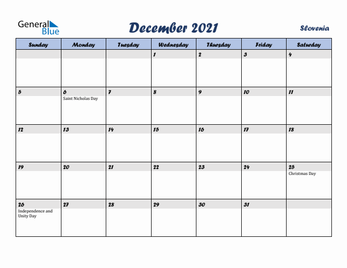 December 2021 Calendar with Holidays in Slovenia