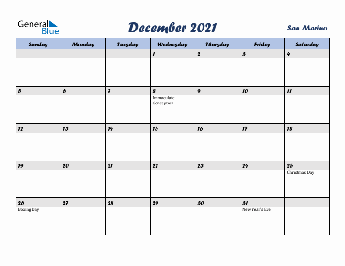 December 2021 Calendar with Holidays in San Marino