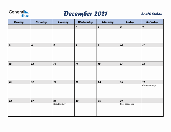 December 2021 Calendar with Holidays in South Sudan