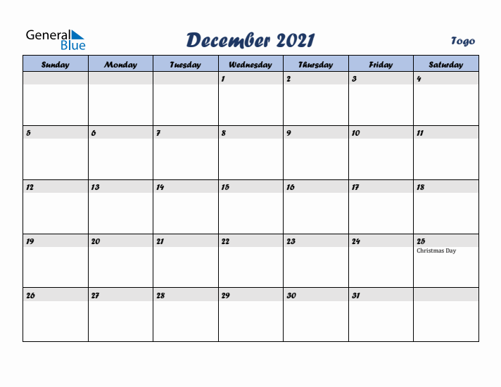 December 2021 Calendar with Holidays in Togo