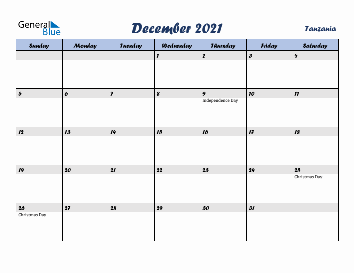 December 2021 Calendar with Holidays in Tanzania