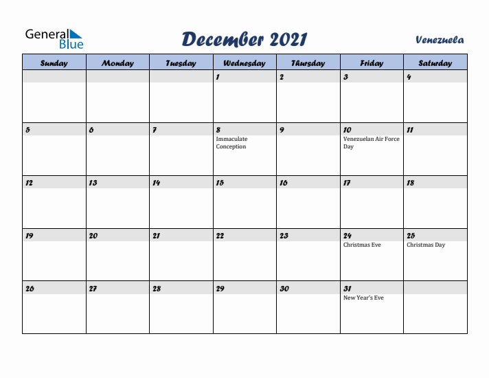 December 2021 Calendar with Holidays in Venezuela