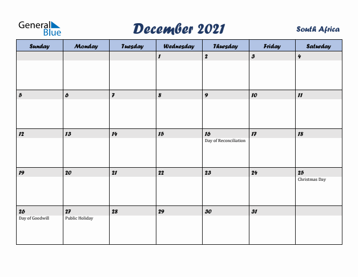 December 2021 Calendar with Holidays in South Africa