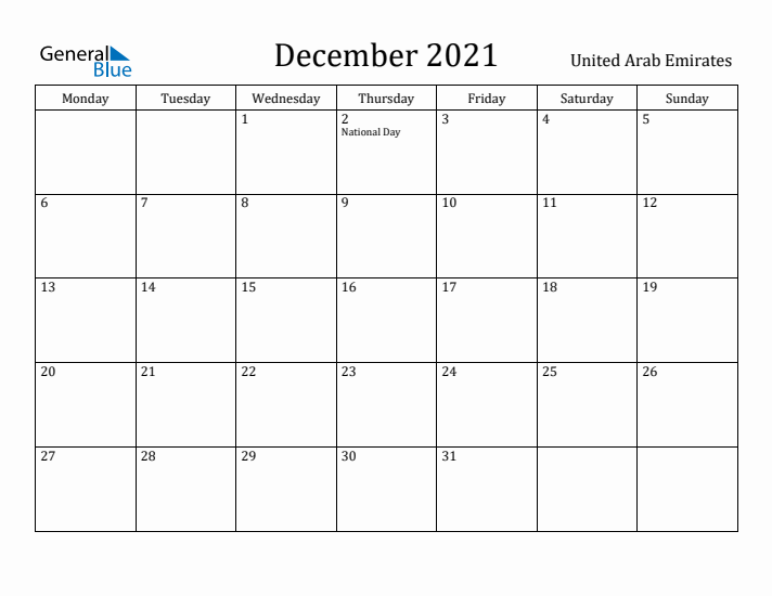 December 2021 Calendar United Arab Emirates