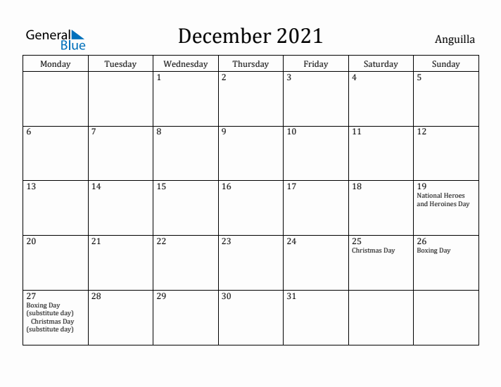 December 2021 Calendar Anguilla