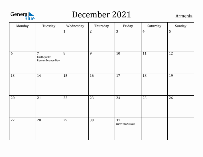 December 2021 Calendar Armenia