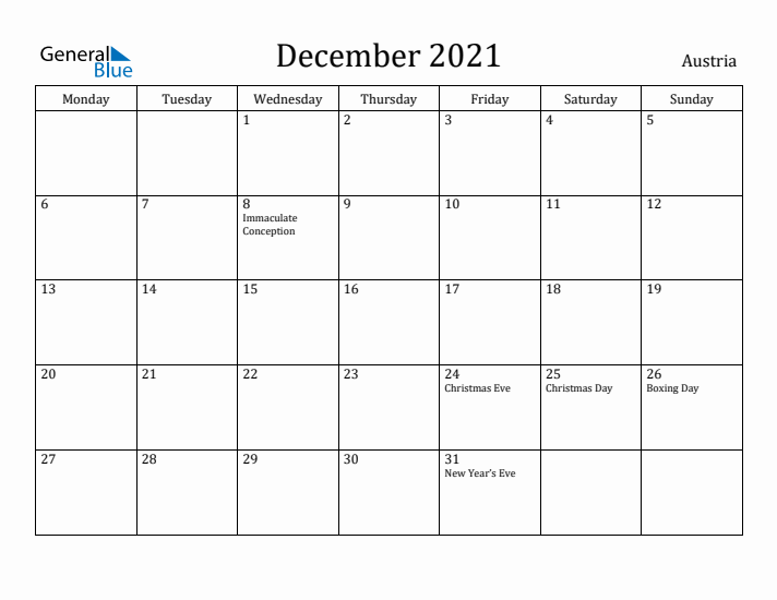 December 2021 Calendar Austria