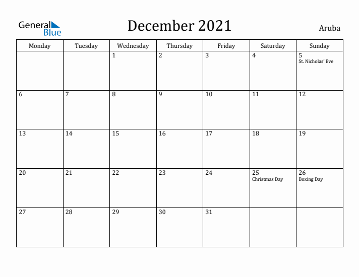 December 2021 Calendar Aruba