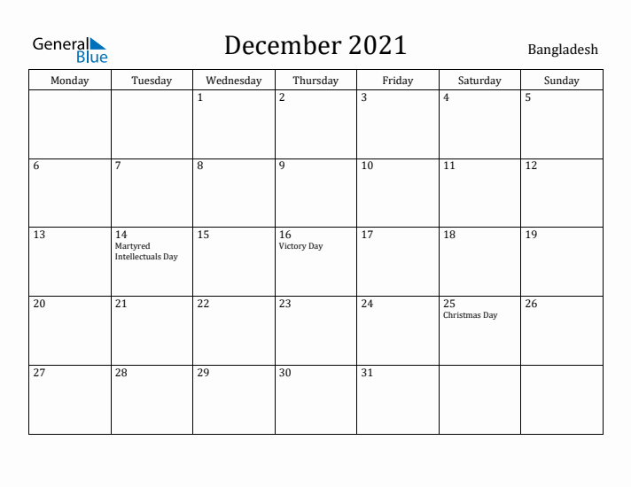 December 2021 Calendar Bangladesh