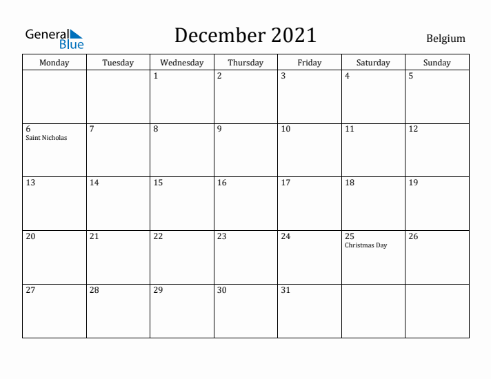 December 2021 Calendar Belgium