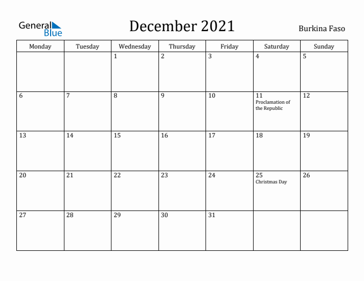 December 2021 Calendar Burkina Faso
