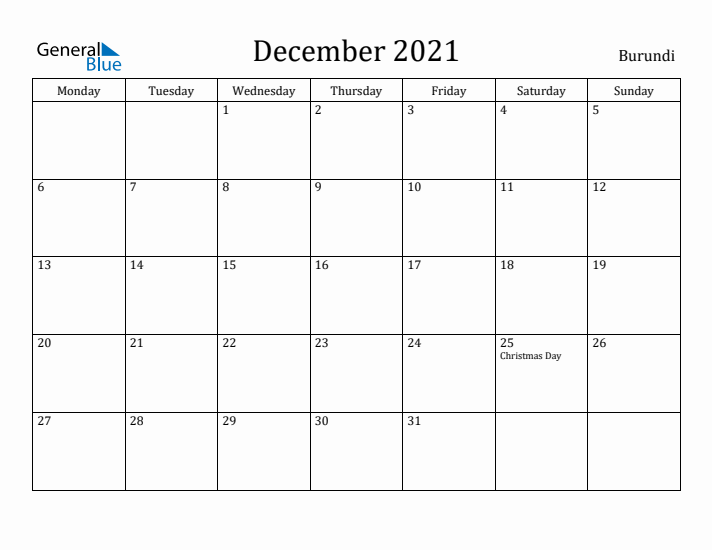 December 2021 Calendar Burundi