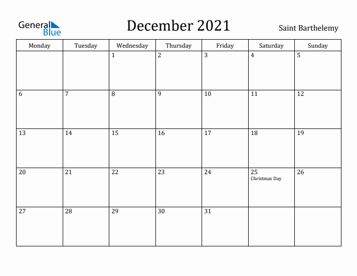 December 2021 Calendar Saint Barthelemy