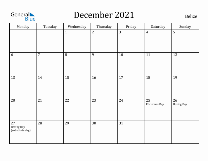 December 2021 Calendar Belize