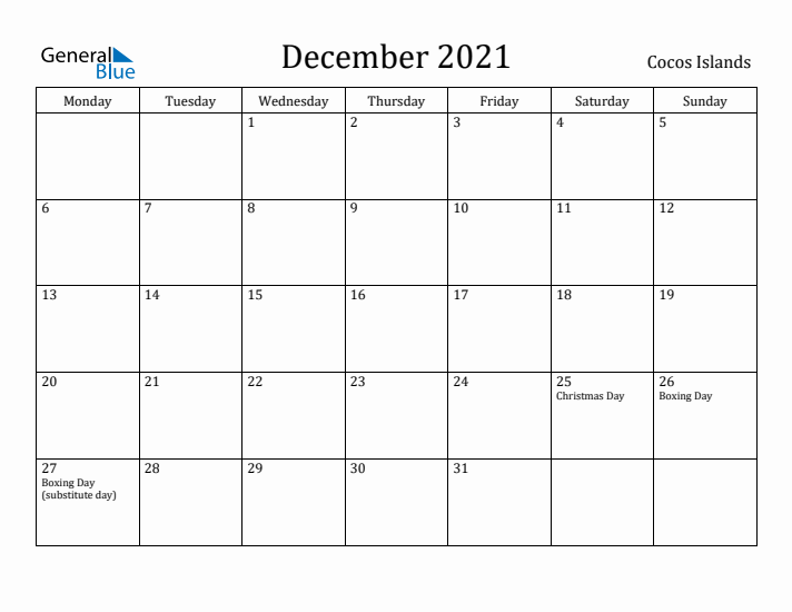 December 2021 Calendar Cocos Islands