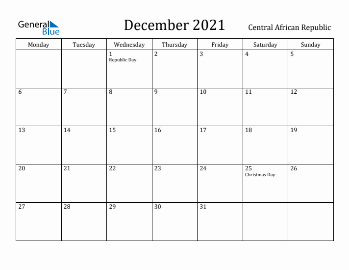 December 2021 Calendar Central African Republic