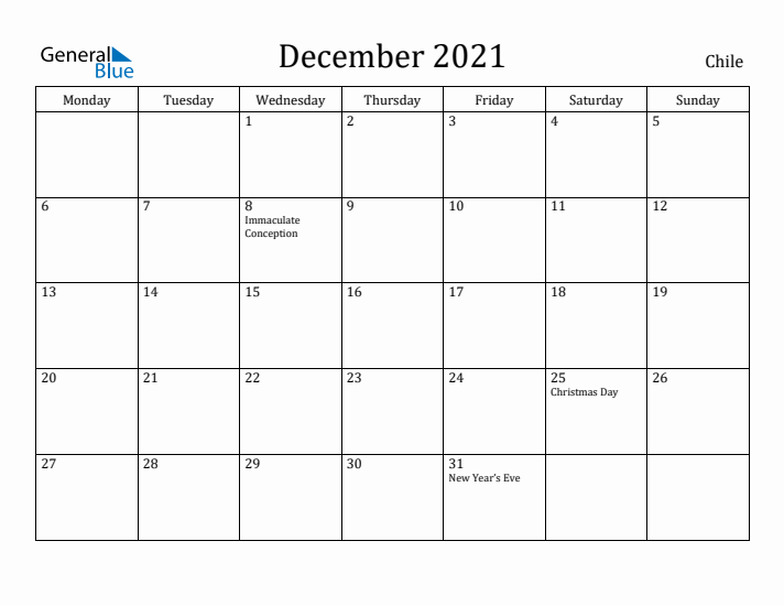 December 2021 Calendar Chile