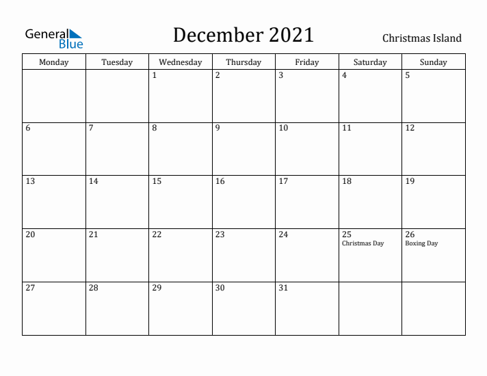 December 2021 Calendar Christmas Island