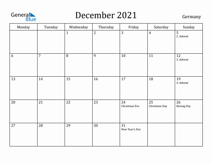 December 2021 Calendar Germany