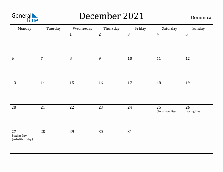 December 2021 Calendar Dominica