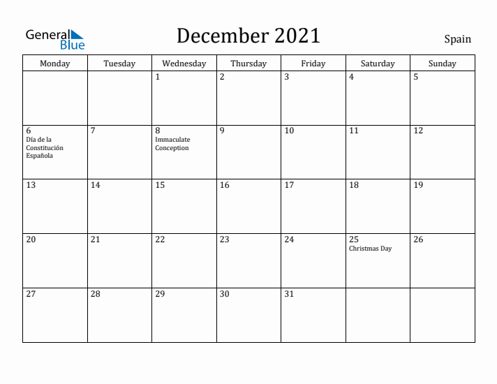 December 2021 Calendar Spain