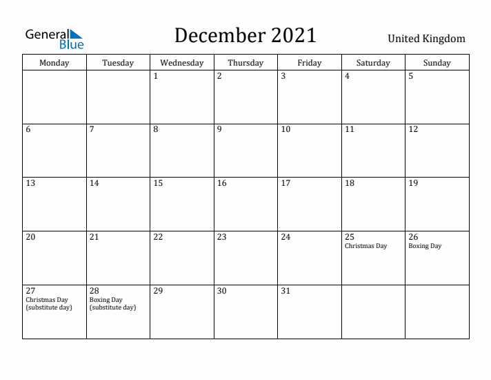 December 2021 Calendar United Kingdom