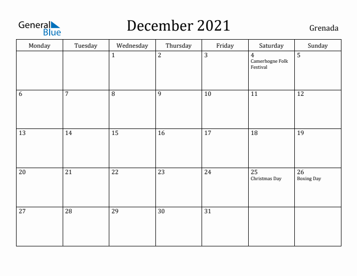 December 2021 Calendar Grenada