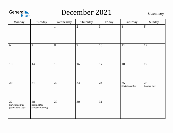 December 2021 Calendar Guernsey