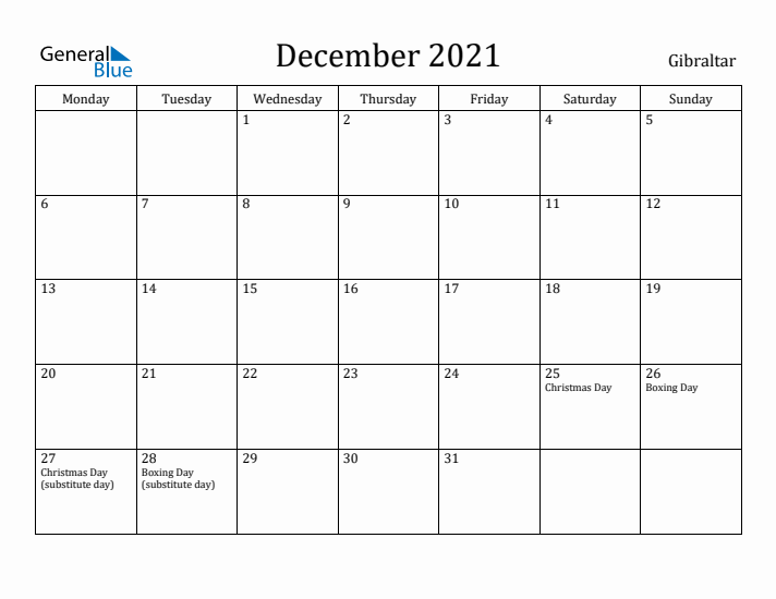 December 2021 Calendar Gibraltar