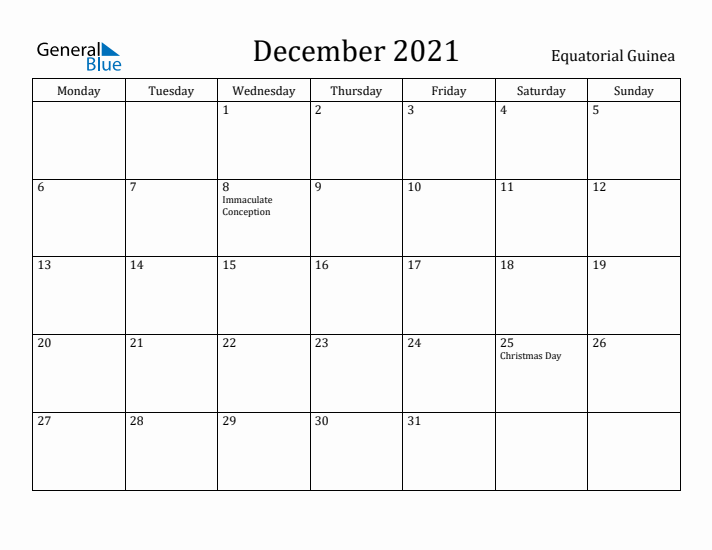 December 2021 Calendar Equatorial Guinea