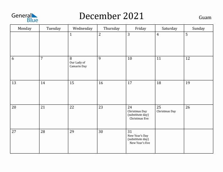 December 2021 Calendar Guam