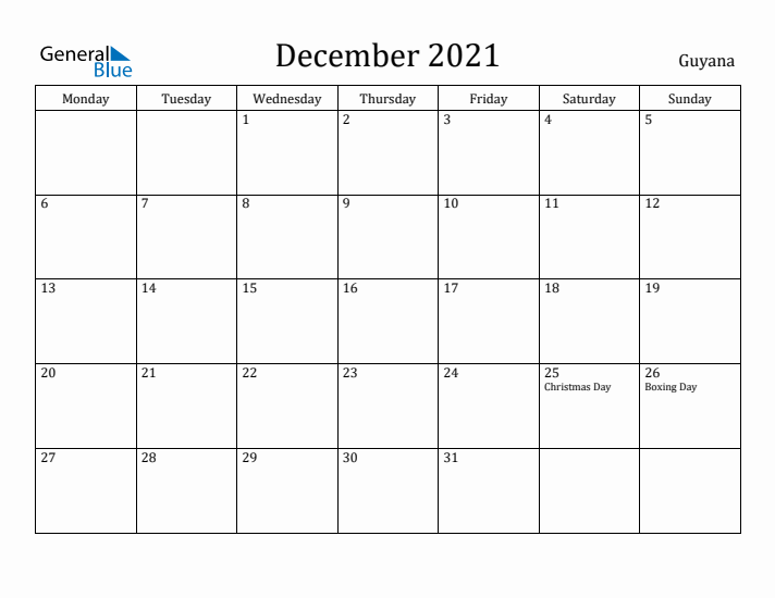 December 2021 Calendar Guyana
