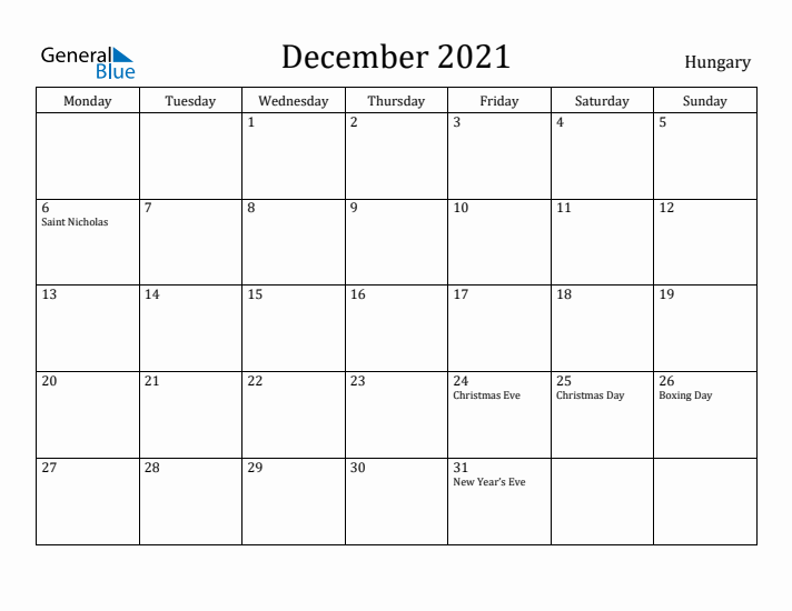 December 2021 Calendar Hungary