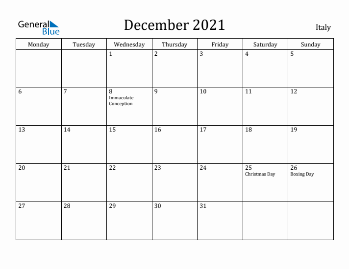 December 2021 Calendar Italy