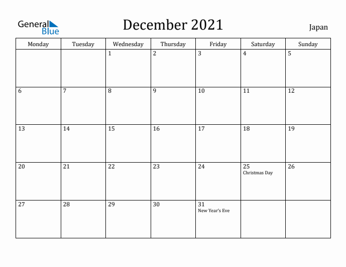December 2021 Calendar Japan