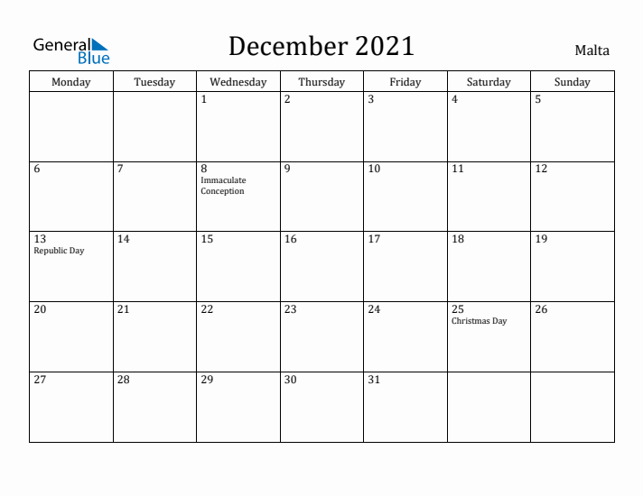 December 2021 Calendar Malta
