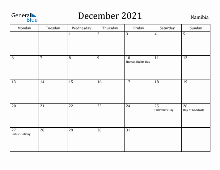 December 2021 Calendar Namibia