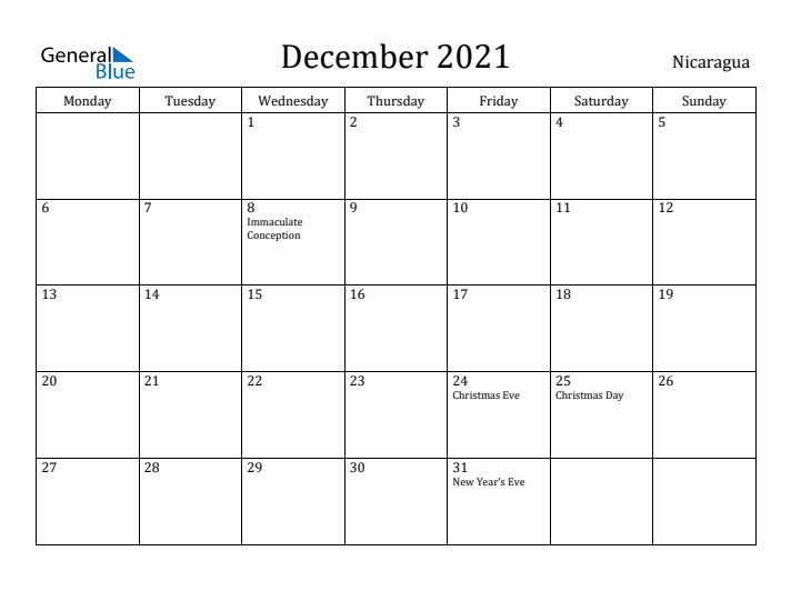 December 2021 Calendar Nicaragua