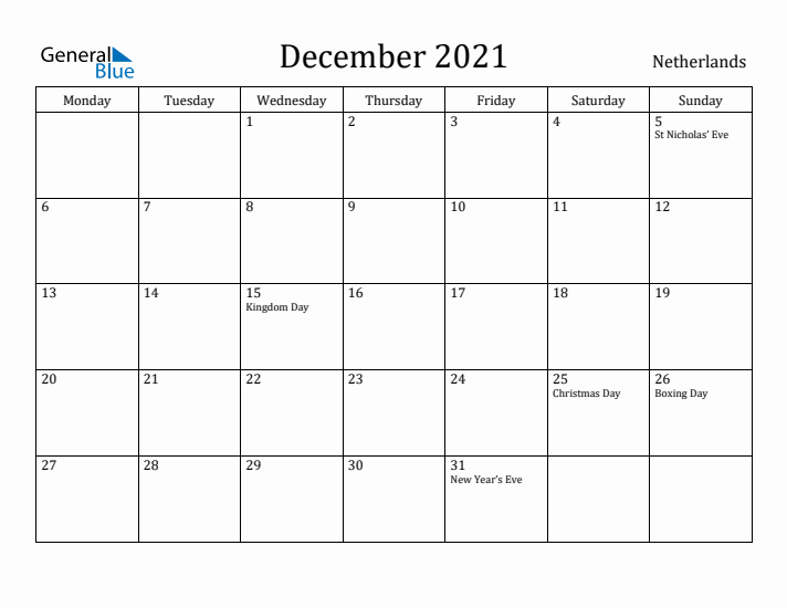 December 2021 Calendar The Netherlands