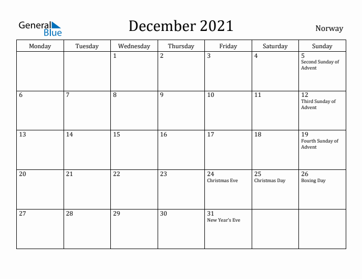 December 2021 Calendar Norway