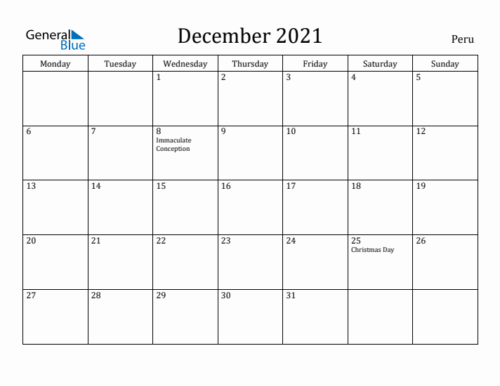 December 2021 Calendar Peru