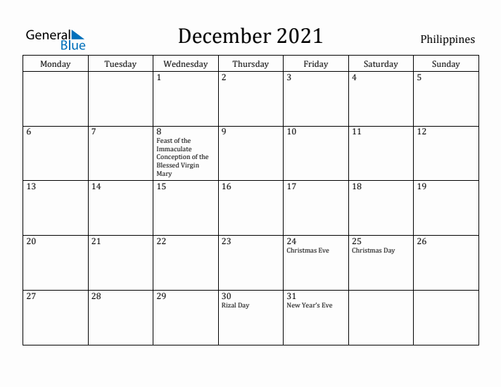 December 2021 Calendar Philippines
