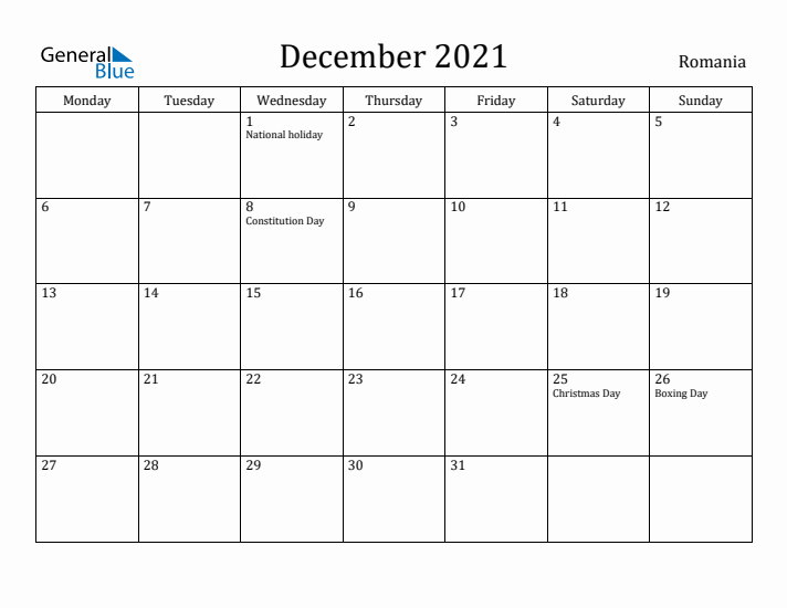 December 2021 Calendar Romania