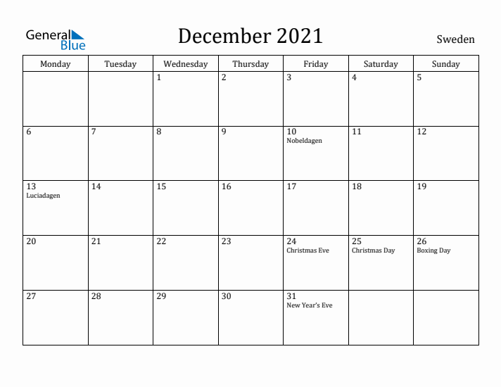 December 2021 Calendar Sweden