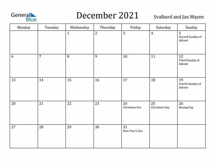 December 2021 Calendar Svalbard and Jan Mayen