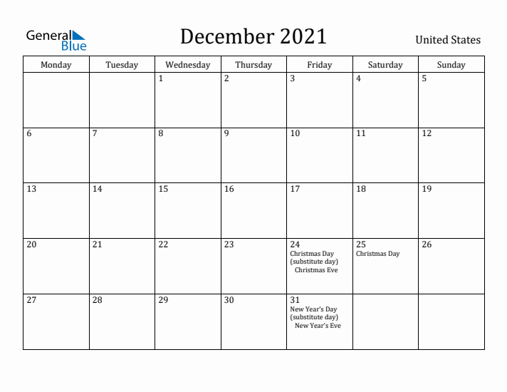 December 2021 Calendar United States