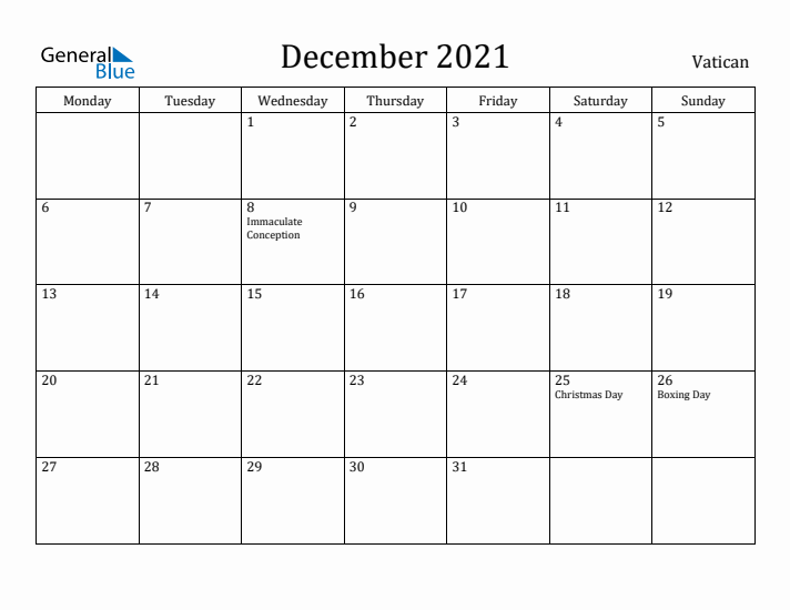 December 2021 Calendar Vatican