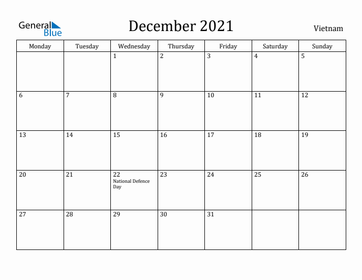 December 2021 Calendar Vietnam