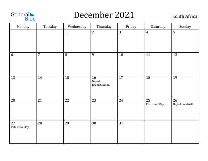 December 2021 Calendar South Africa